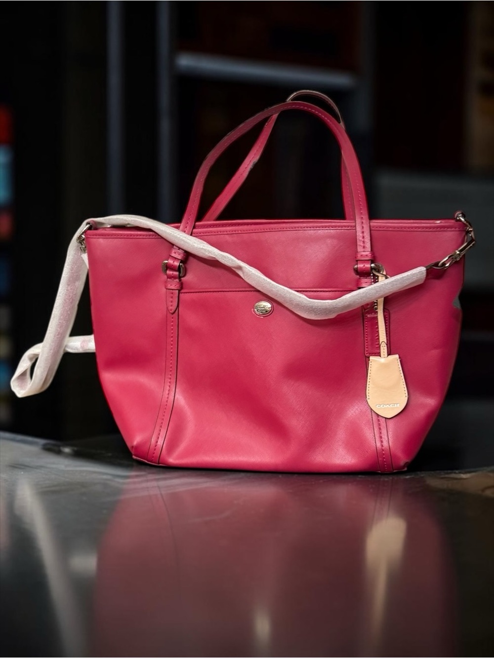 Coach Peyton Magenta Pink Leather Large Pocket Tote W/ Crossbody Strap